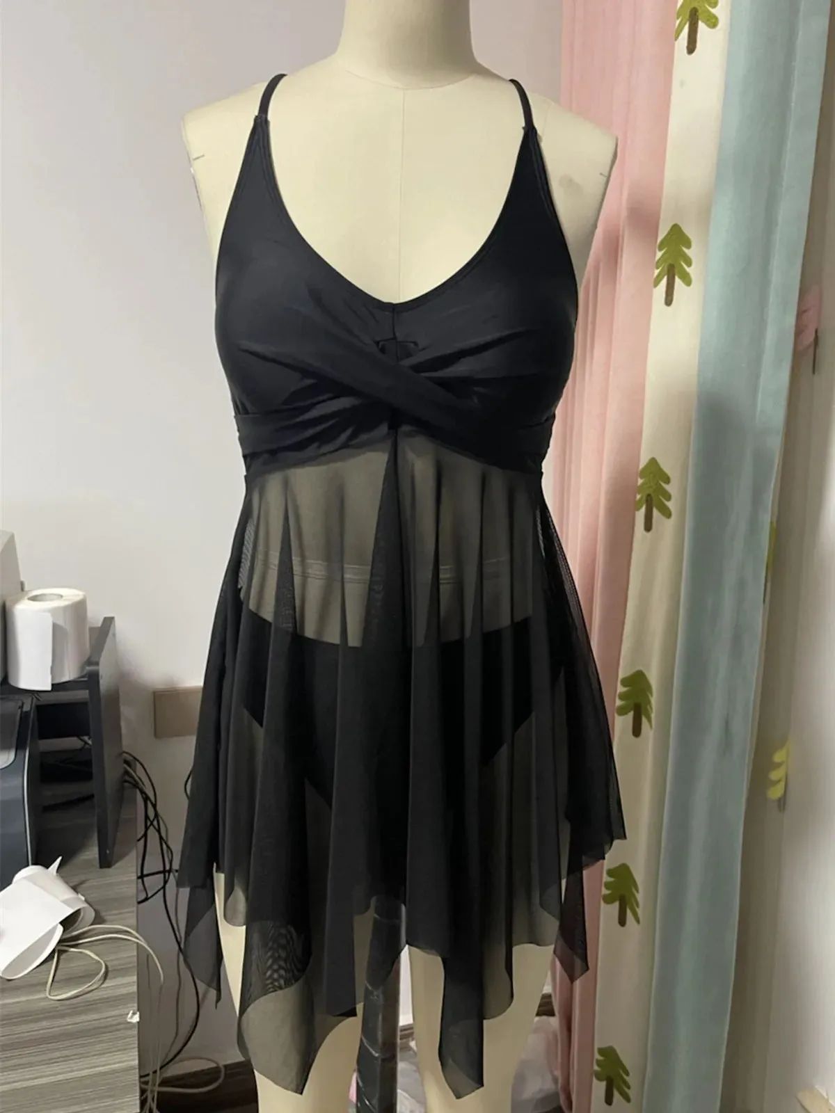 Sexy Mesh Swimdress - Women's Two Piece Solid Swimwear with Polyester and Spandex Materials