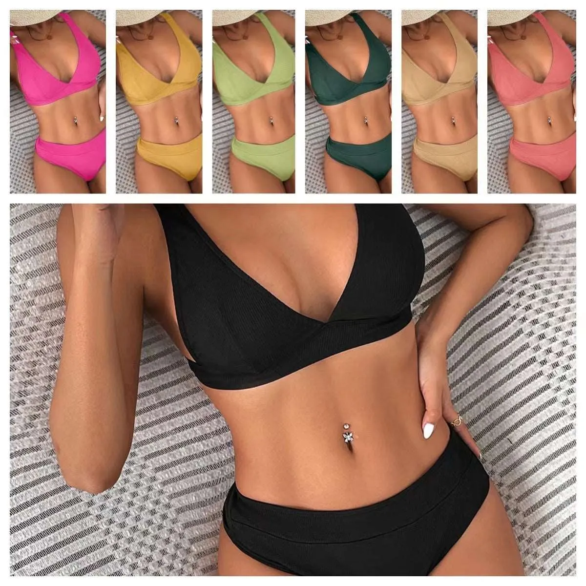 Women's Solid Color Mid Waist Ribbed Bikini